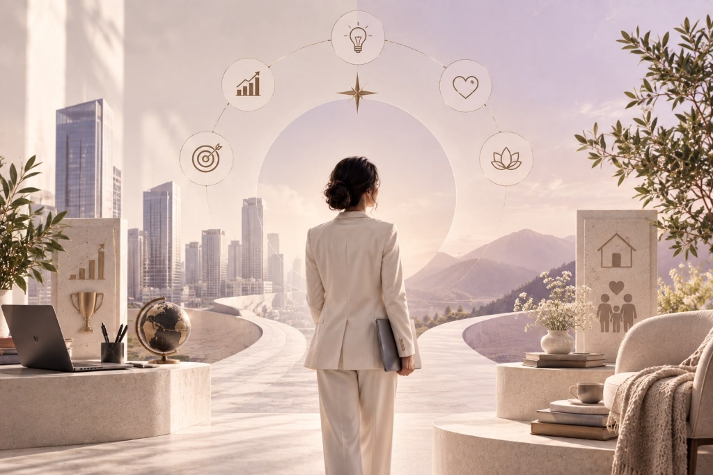 Business and Life Intelligence visual showing executive, city skyline, and serene landscape
